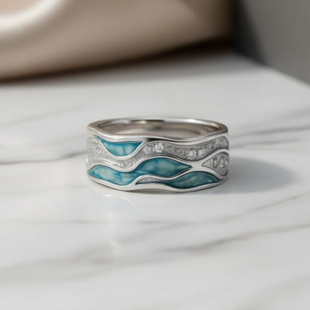 Bague Turquoise et Vagues Argentées