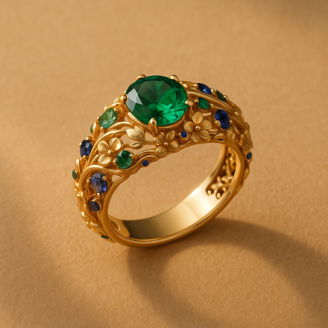 Bague en or avec cristaux verts et bleus