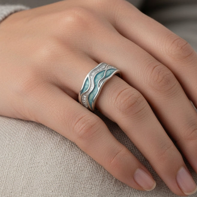 Bague Turquoise et Vagues Argentées