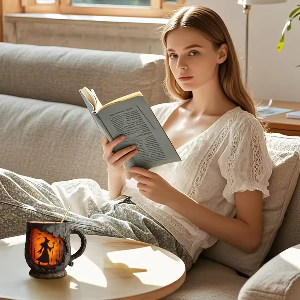 Háromdimenziós kézzel készült Halloween-üveg – Boszorkány és macska rajzzal