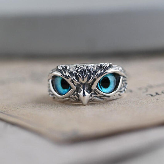 Bague réglable Hibou porte-bonheur en argent et opale