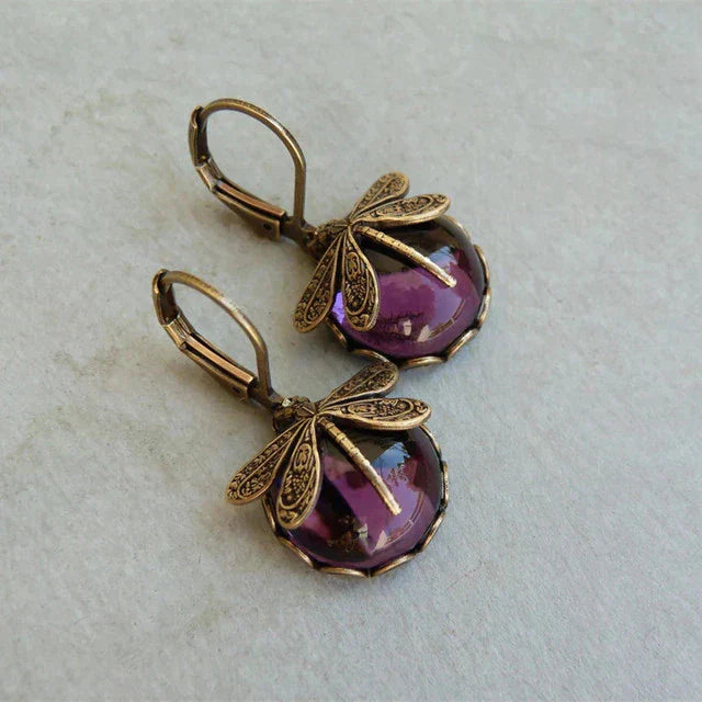 Boucles d'oreilles sphériques à motif libellule en or antique