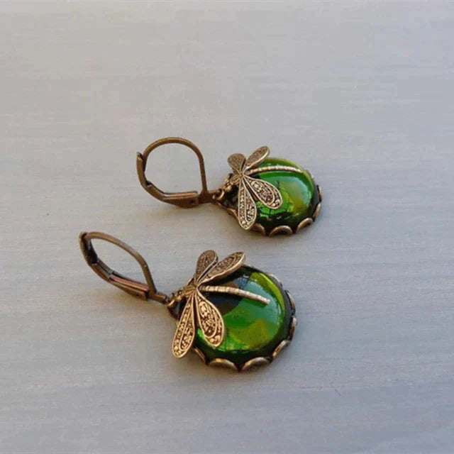 Boucles d'oreilles sphériques à motif libellule en or antique