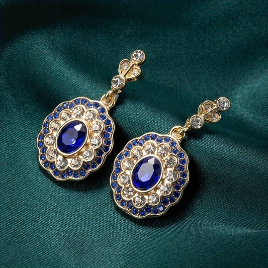 Boucles d'oreilles mandala en cristal bleu sur doré vintage