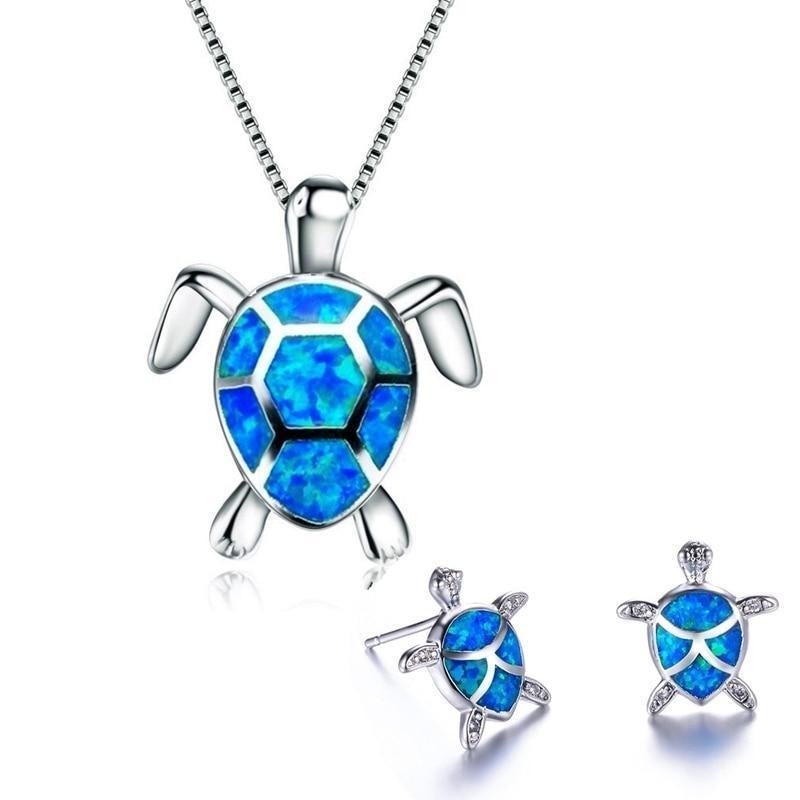 Ensemble collier et boucles d'oreilles tortue marine en opale et argent