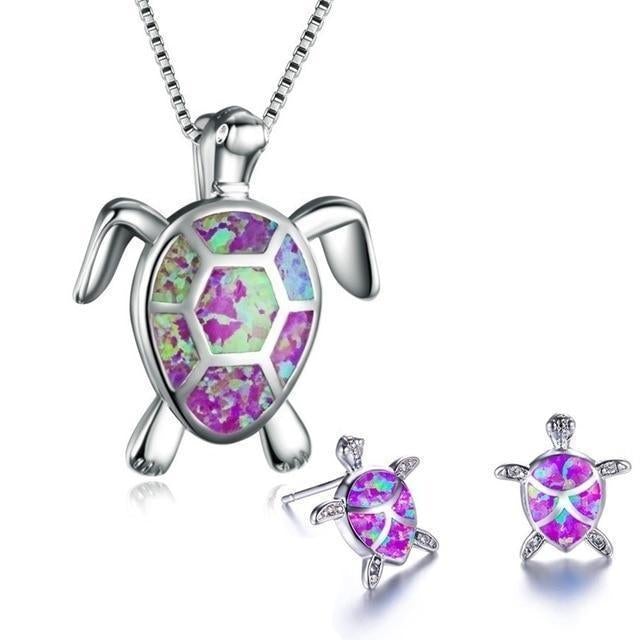 Ensemble collier et boucles d'oreilles tortue marine en opale et argent