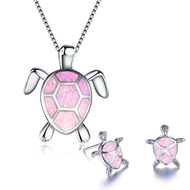 Ensemble collier et boucles d'oreilles tortue marine en opale et argent